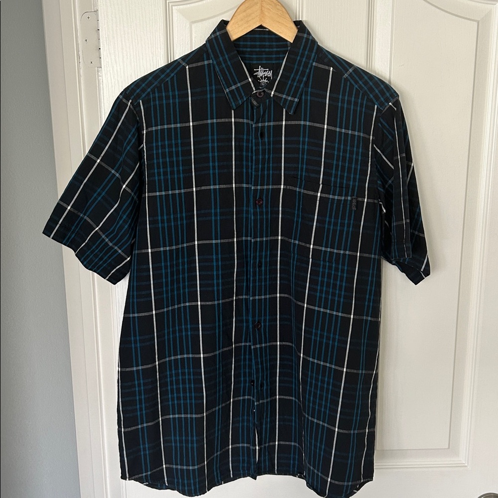 Stussy Large Striped Plaid Checkered Shirt in Blue and Black